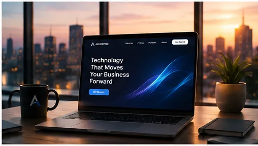 A laptop displaying the AgoraTide website on a desk