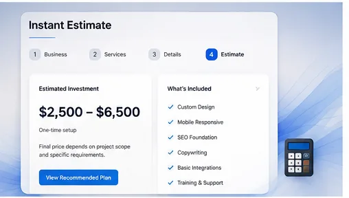 An instant project estimate tool showing an estimated price range and what's included