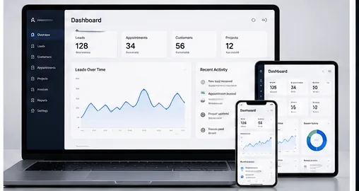 A custom business dashboard displayed across desktop, tablet, and mobile devices