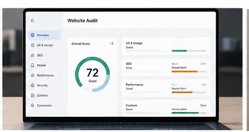 A website audit dashboard scoring a site across UX and design, SEO, mobile, performance, and content