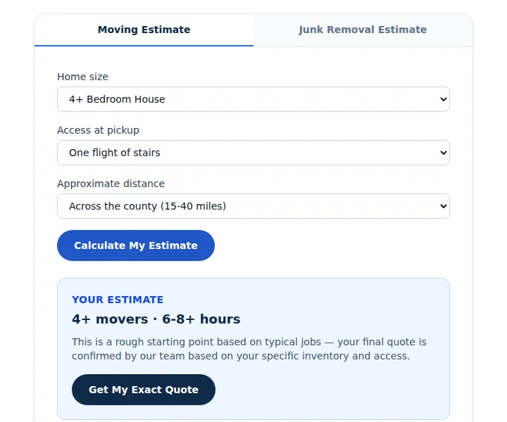Cold Cuts Moving & Junk Removal instant estimator showing a computed result of 4+ movers and 6-8+ hours based on home size and distance