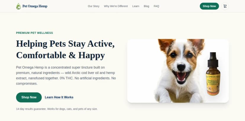 Pet Omega Hemp homepage hero showing the headline 'Helping Pets Stay Active, Comfortable & Happy' with a product photo and 14-day guarantee