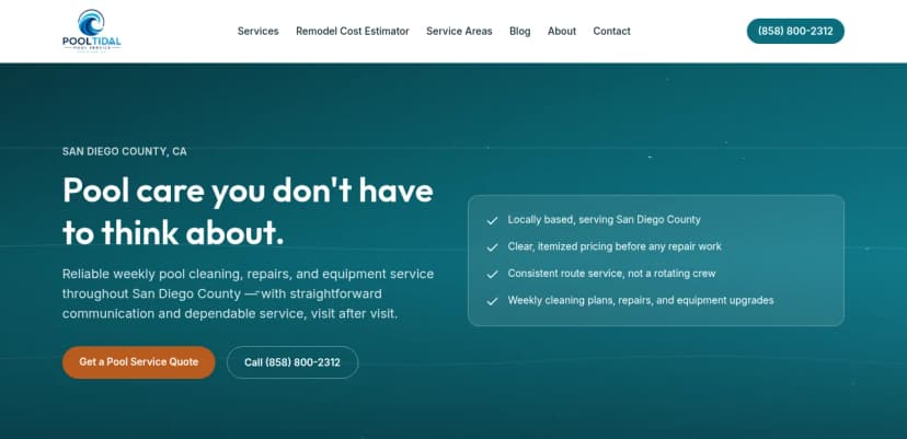 PoolTidal homepage hero showing the headline 'Pool care you don't have to think about' with trust points and a quote CTA